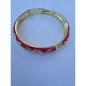 Vintage Red Enamel Floral Hinged Bangle Bracelet Gold Tone Flower Design 7 Inch